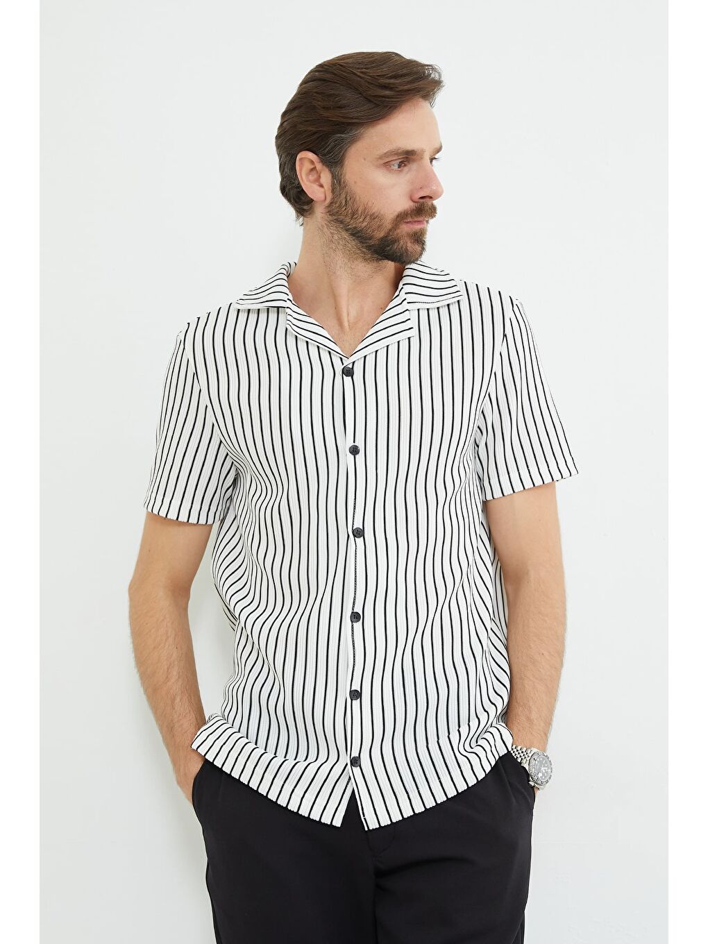 Beyaz Çizgili Fitilli Kısa Kollu Gömlek-2