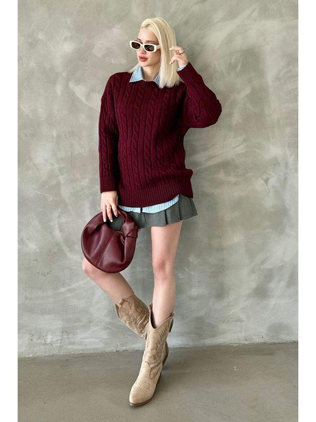 Bordo Bisiklet Yaka Örgülü Triko Kazak Mg2336-3