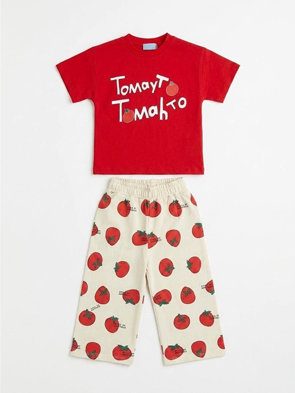 Beyaz Kız Çocuk Pamuklu Kırmızı Domates Baskılı T-Shirt Eşofman Takım-2