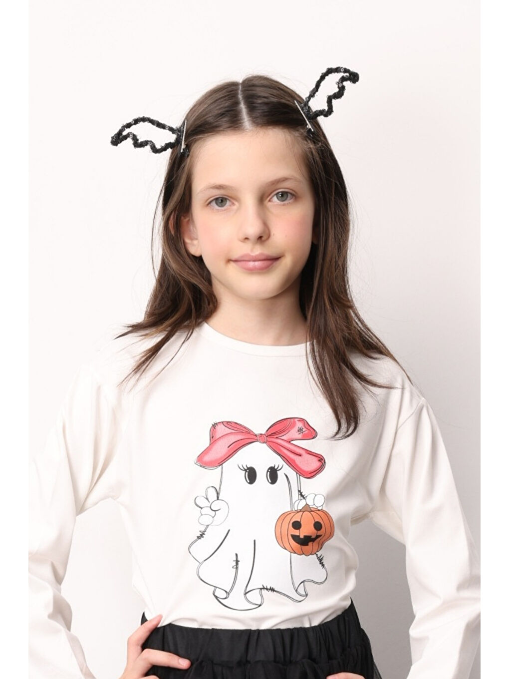 Beyaz Sevimli Hayalet Baskılı Kız Çocuk Tişört
