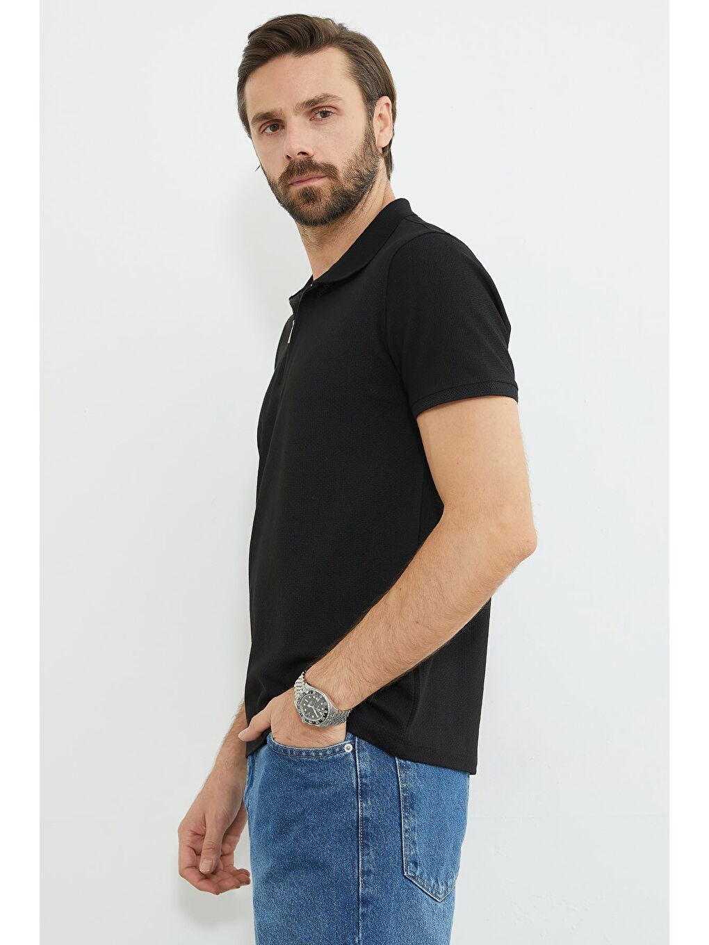 Siyah Yarım Fermuarlı Petek Kumaş Polo Yaka Tişört-2