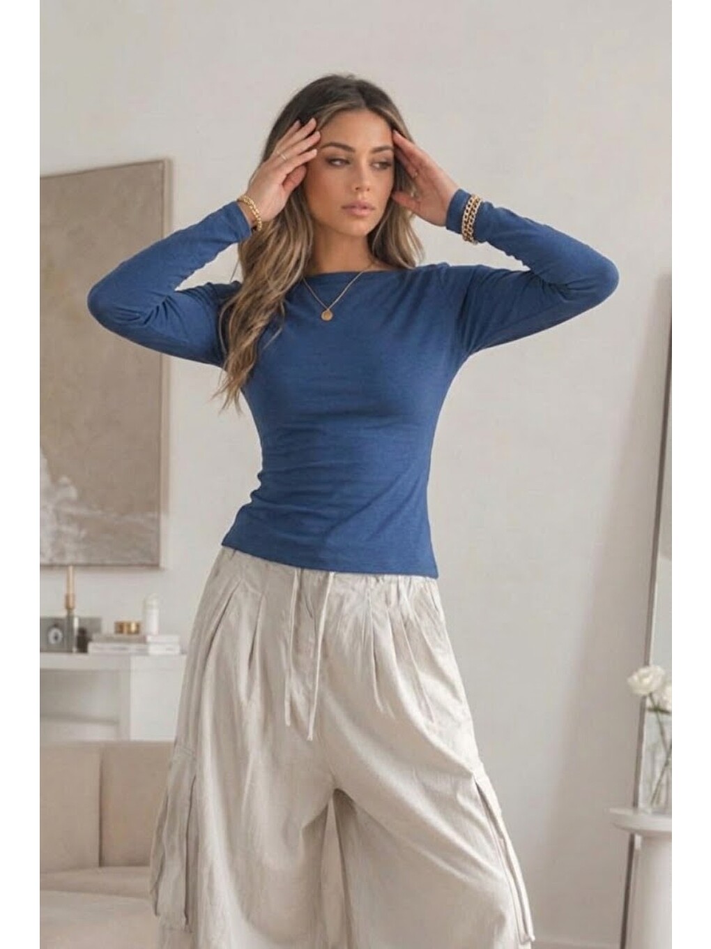 Kadın Düşük Omuz Slim Örme Mavi Bluz-3