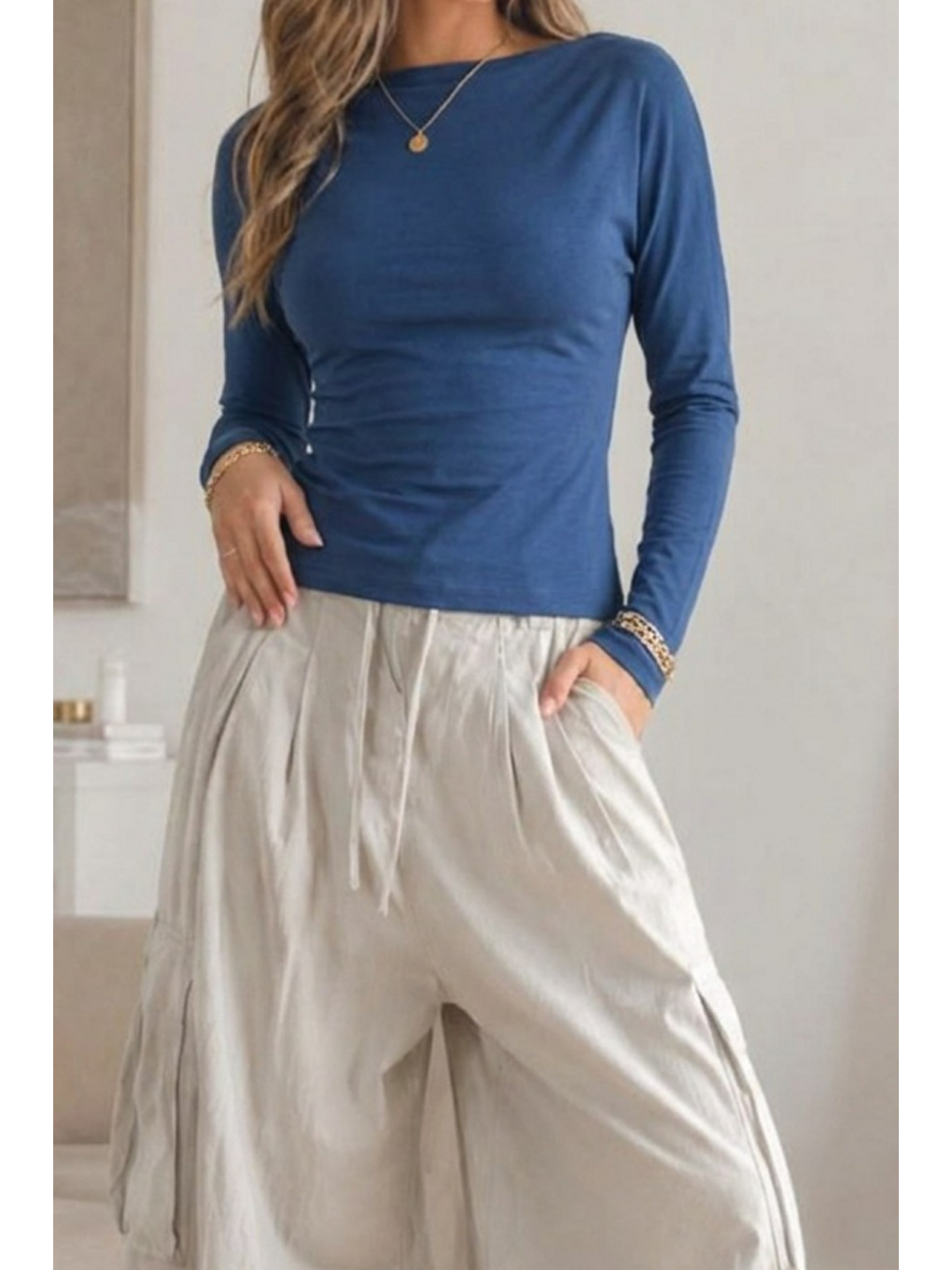 Kadın Düşük Omuz Slim Örme Mavi Bluz-4
