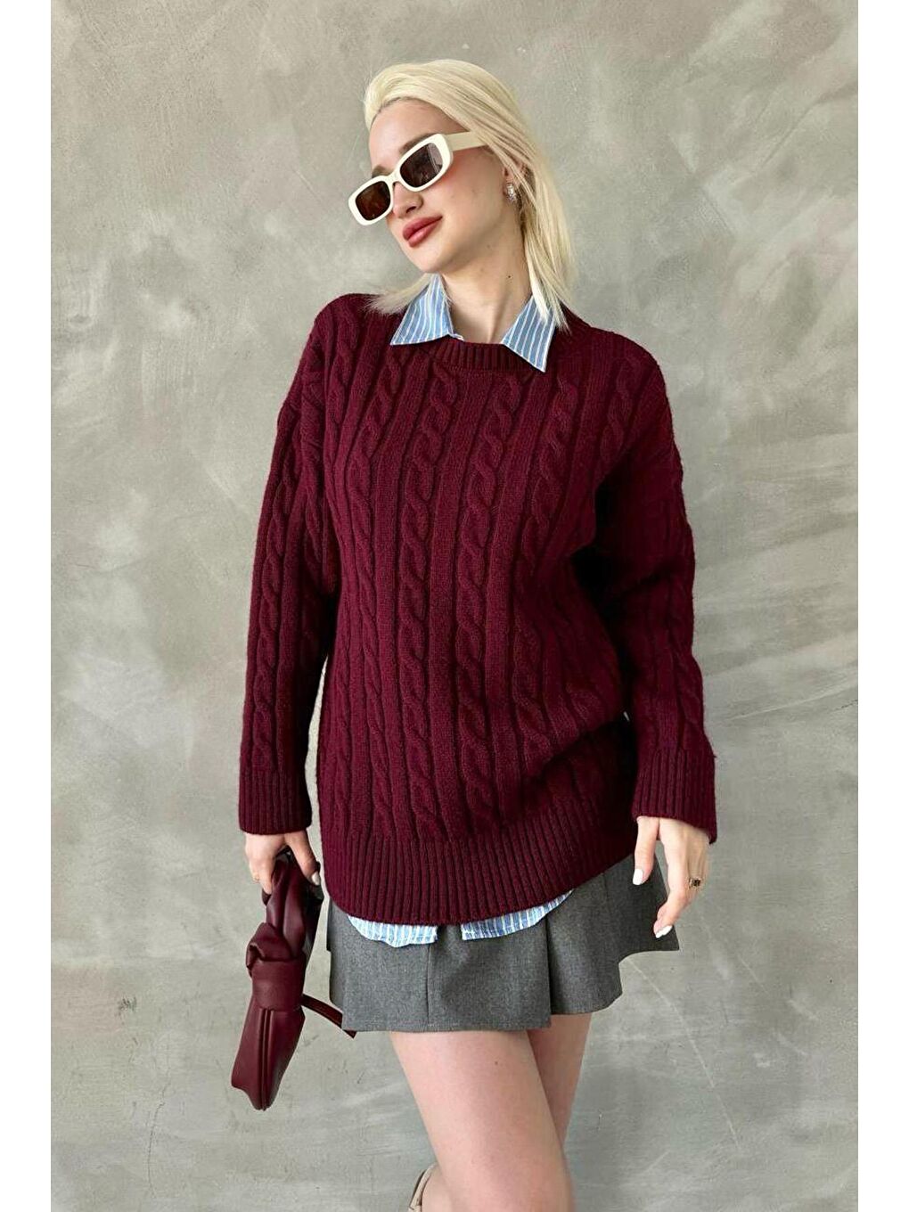 Bordo Bisiklet Yaka Örgülü Triko Kazak Mg2336-4