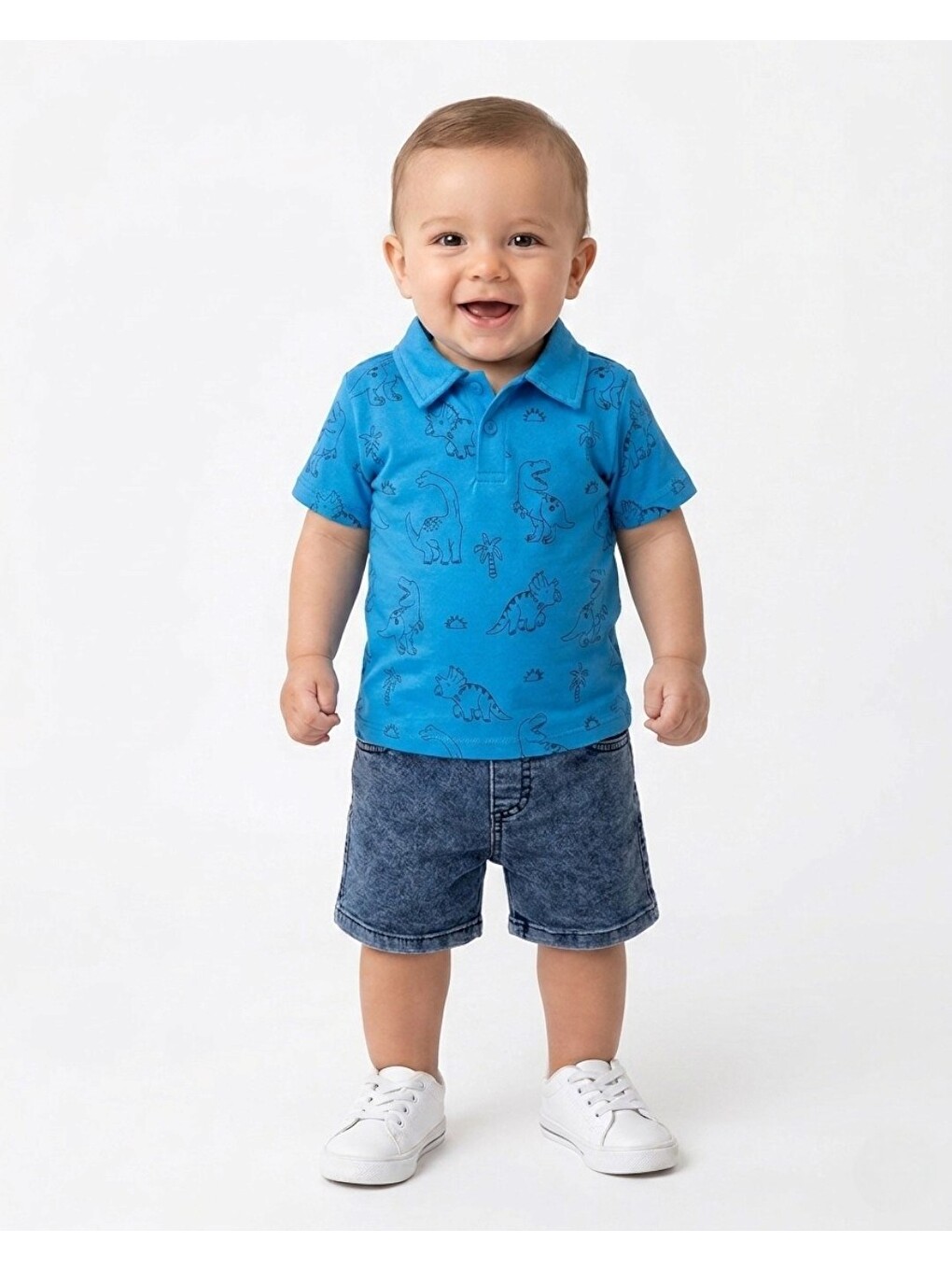 Mavi Erkek Bebek Yazlık Dinozor Baskılı Polo Yaka T-shirtlü 6-9-12-18-24 Ay Jean Şort Bayramlık Takım