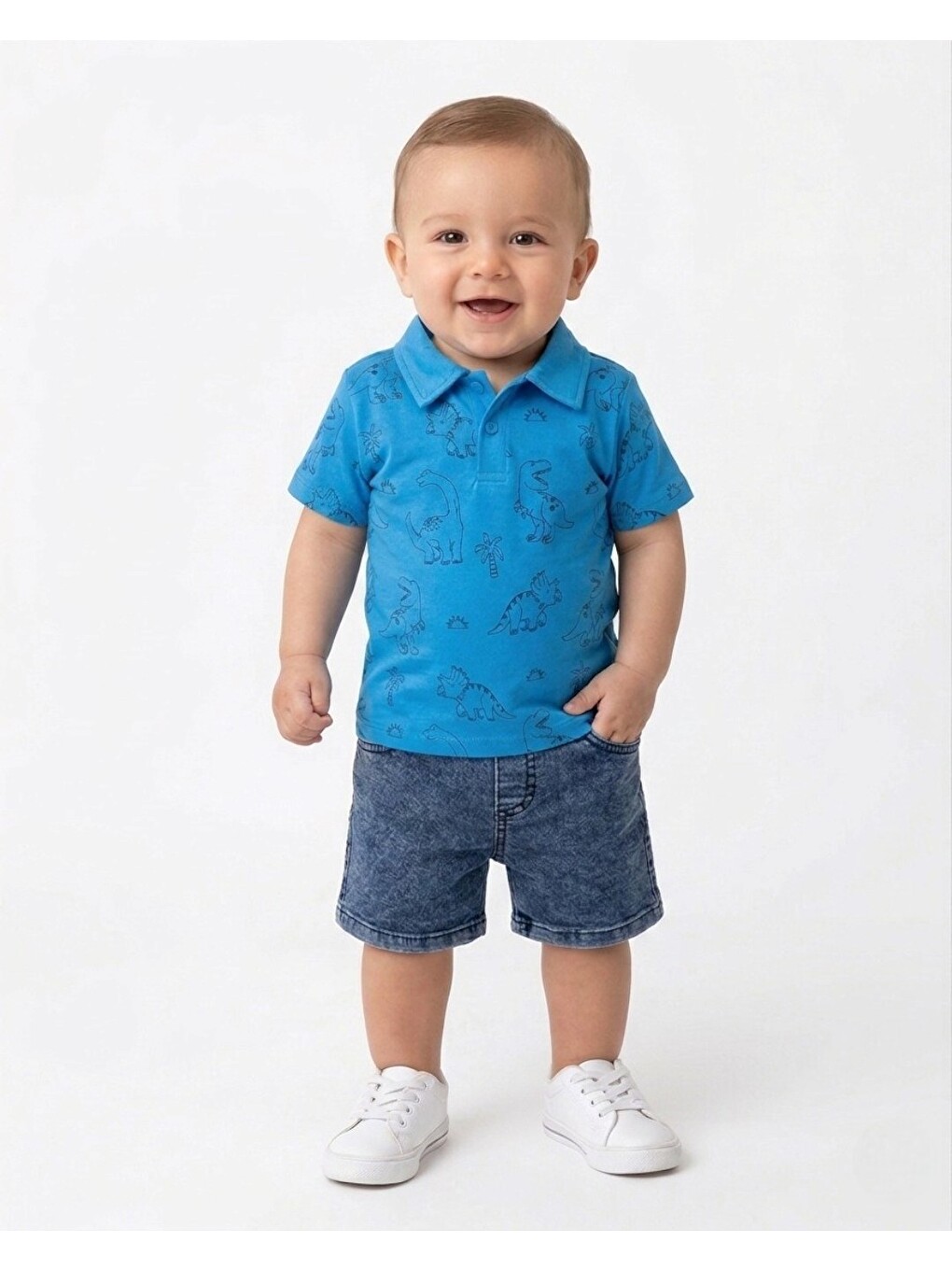 Mavi Erkek Bebek Yazlık Dinozor Baskılı Polo Yaka T-shirtlü 6-9-12-18-24 Ay Jean Şort Bayramlık Takım-1