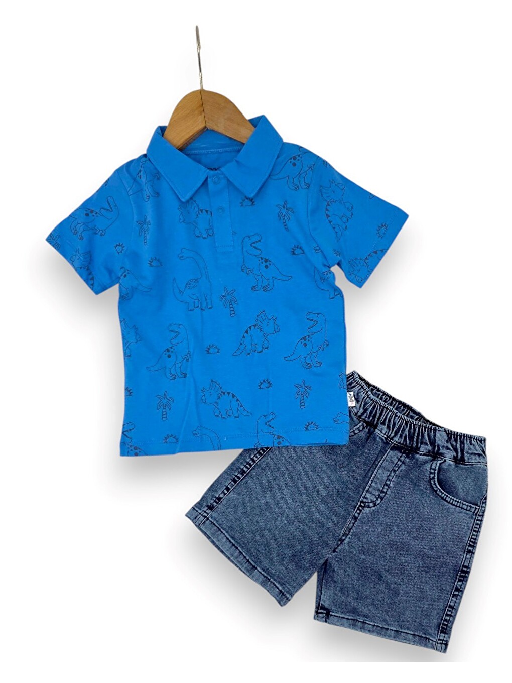 Mavi Erkek Bebek Yazlık Dinozor Baskılı Polo Yaka T-shirtlü 6-9-12-18-24 Ay Jean Şort Bayramlık Takım-2