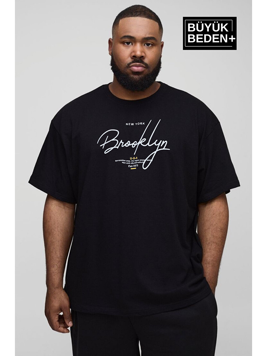 Siyah Erkek Büyük Beden El Yazılı Brooklyn Baskılı 3xl-6xl Bisiklet Yaka Tshırt Spr26bts510-6