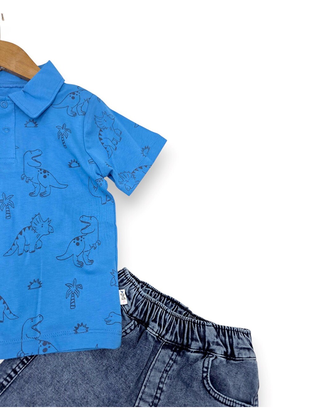 Mavi Erkek Bebek Yazlık Dinozor Baskılı Polo Yaka T-shirtlü 6-9-12-18-24 Ay Jean Şort Bayramlık Takım-5