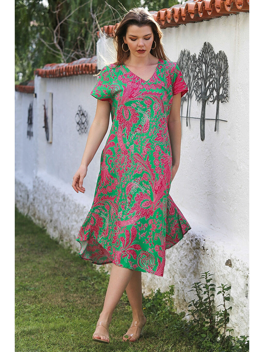 Yeşil-Fuşya V Yaka Düşük Kol Allover Baskılı Casual Viskon Dokuma Elbise 115 66-2
