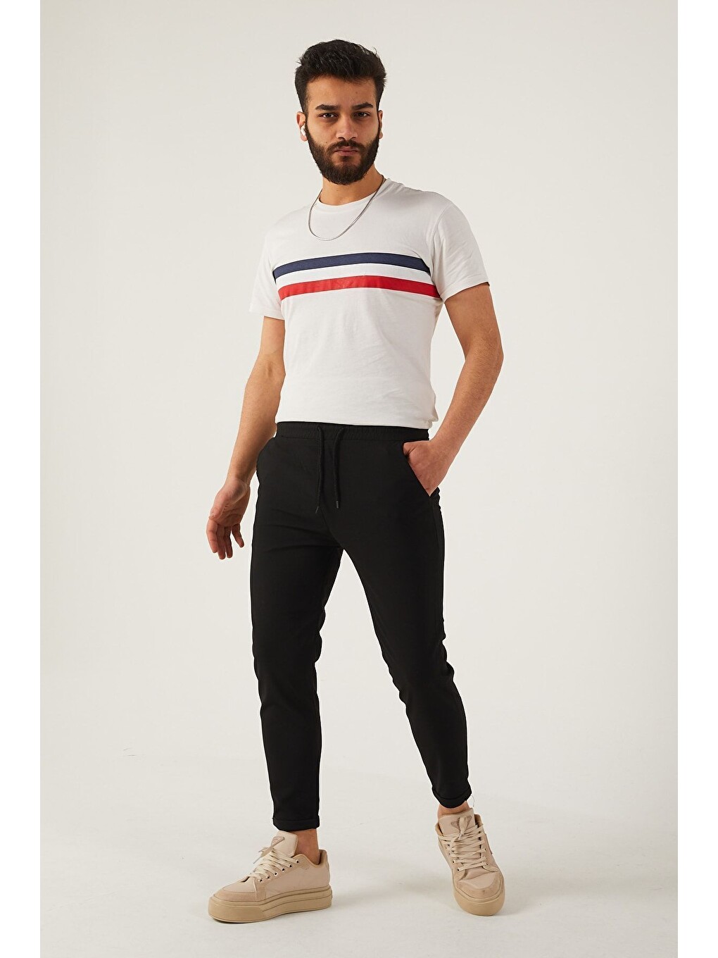 Siyah Erkek Dar Kalıp Duble Paça Jogger Pantolon-3