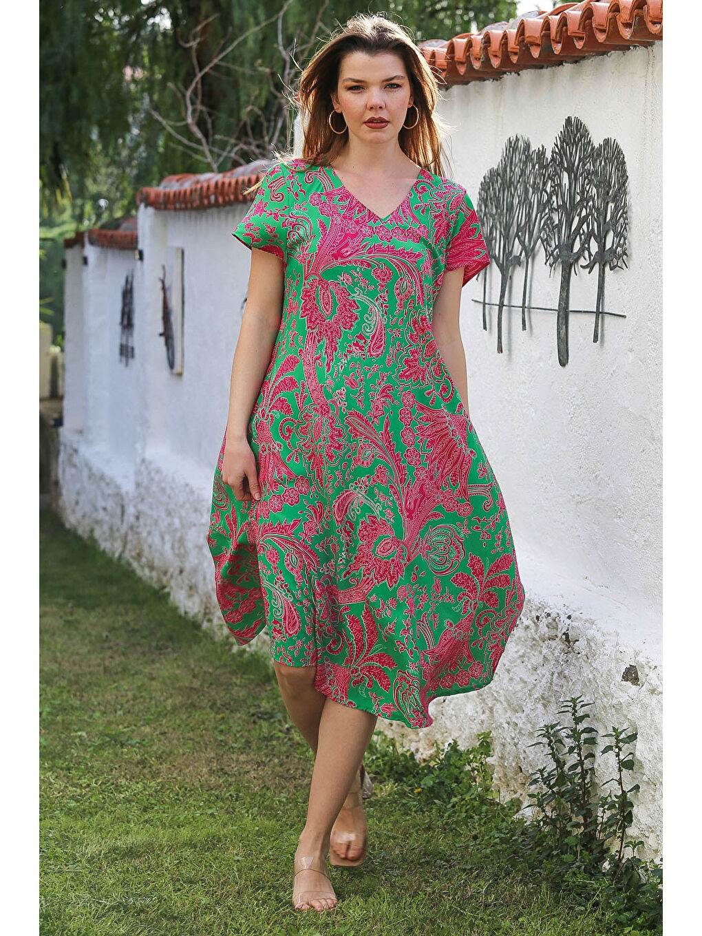 Yeşil-Fuşya V Yaka Düşük Kol Allover Baskılı Casual Viskon Dokuma Elbise 115 66-3
