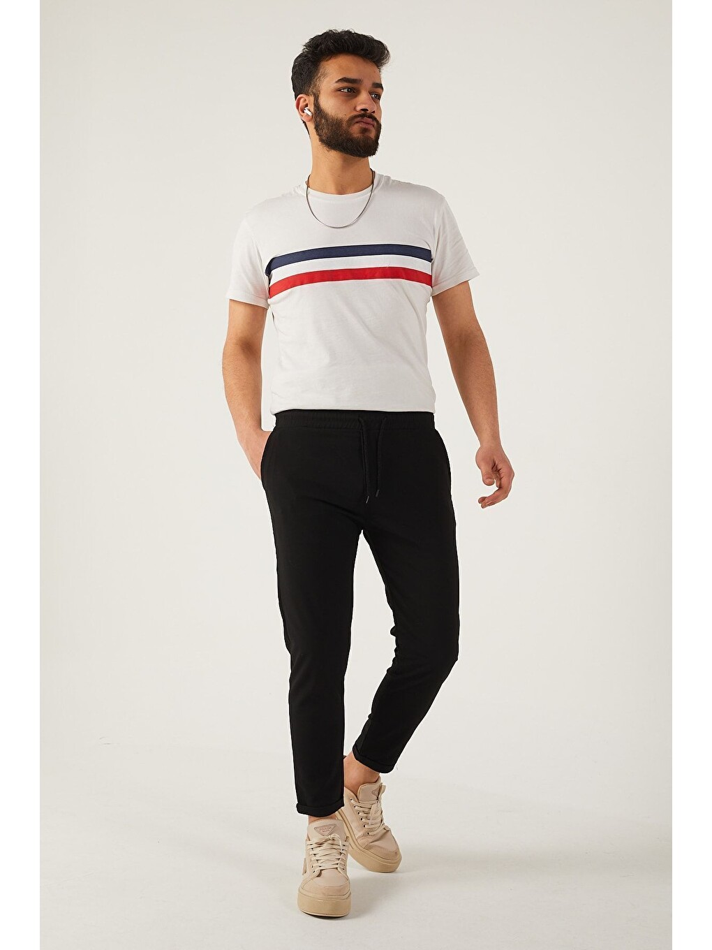 Siyah Erkek Dar Kalıp Duble Paça Jogger Pantolon-4