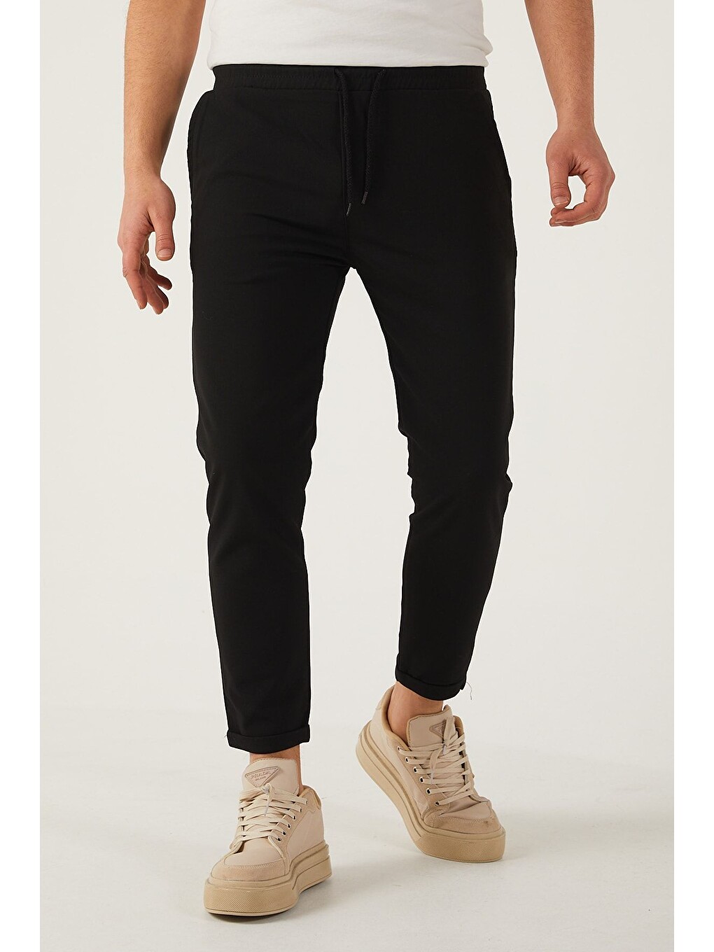 Siyah Erkek Dar Kalıp Duble Paça Jogger Pantolon-5