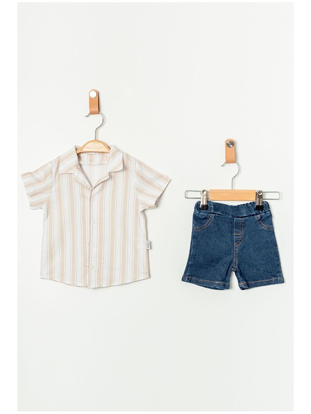 Bej Erkek Bebek Çizgili Gömlek Jean Şort Takım