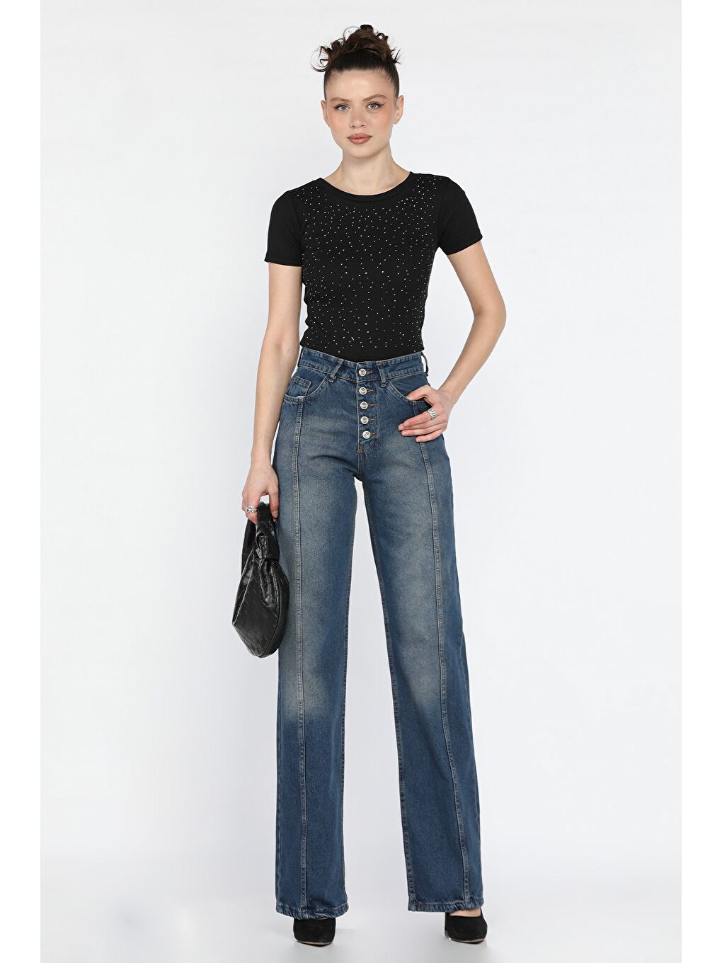 Mavi Ön Detaylı Kadın Bol Paça Mom Jean Pantolon