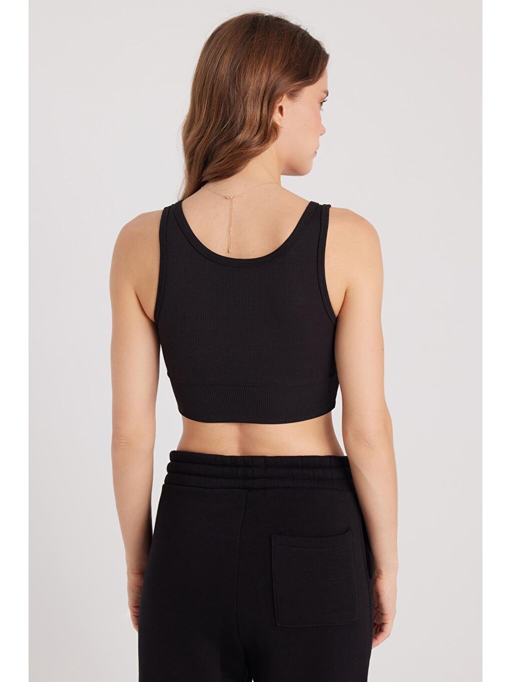 Kadın Slim Fit Dar Kesim Bisiklet Yaka Kalın Askılı Esnek Siyah Spor Atlet-6