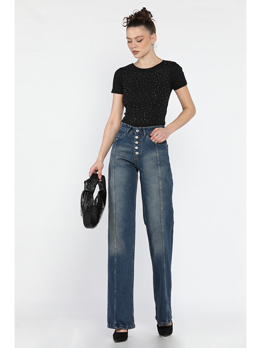 Mavi Ön Detaylı Kadın Bol Paça Mom Jean Pantolon-1