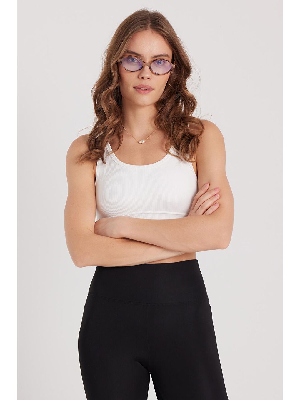 Kadın Slim Fit Dar Kesim Bisiklet Yaka Kalın Askılı Esnek Ekru Spor Atlet-3