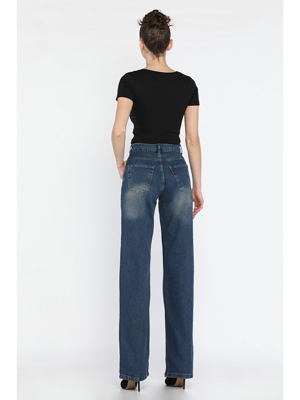 Mavi Ön Detaylı Kadın Bol Paça Mom Jean Pantolon-2