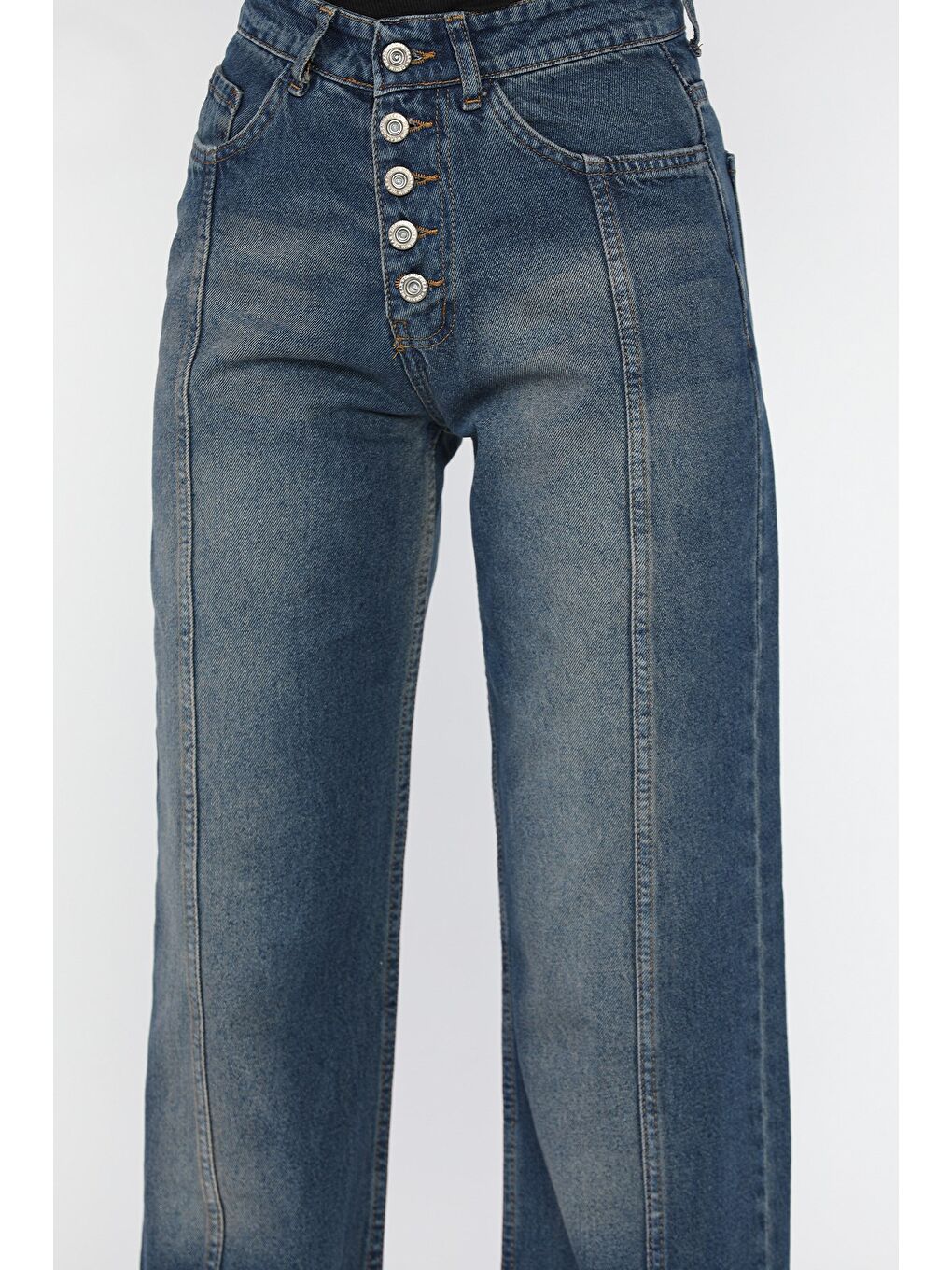 Mavi Ön Detaylı Kadın Bol Paça Mom Jean Pantolon-3