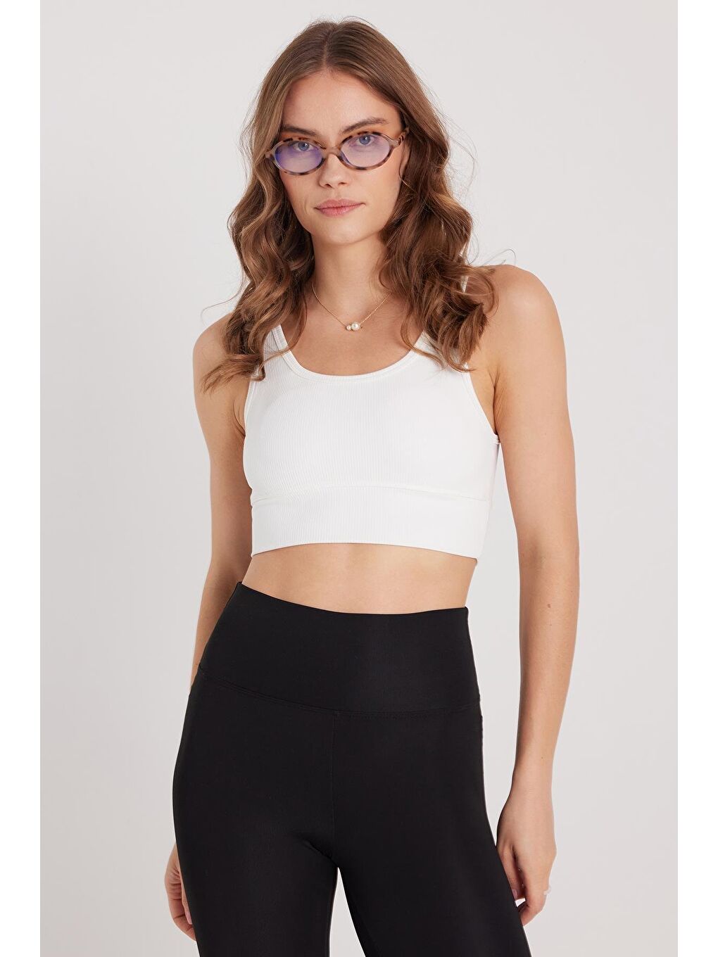 Kadın Slim Fit Dar Kesim Bisiklet Yaka Kalın Askılı Esnek Ekru Spor Atlet-4