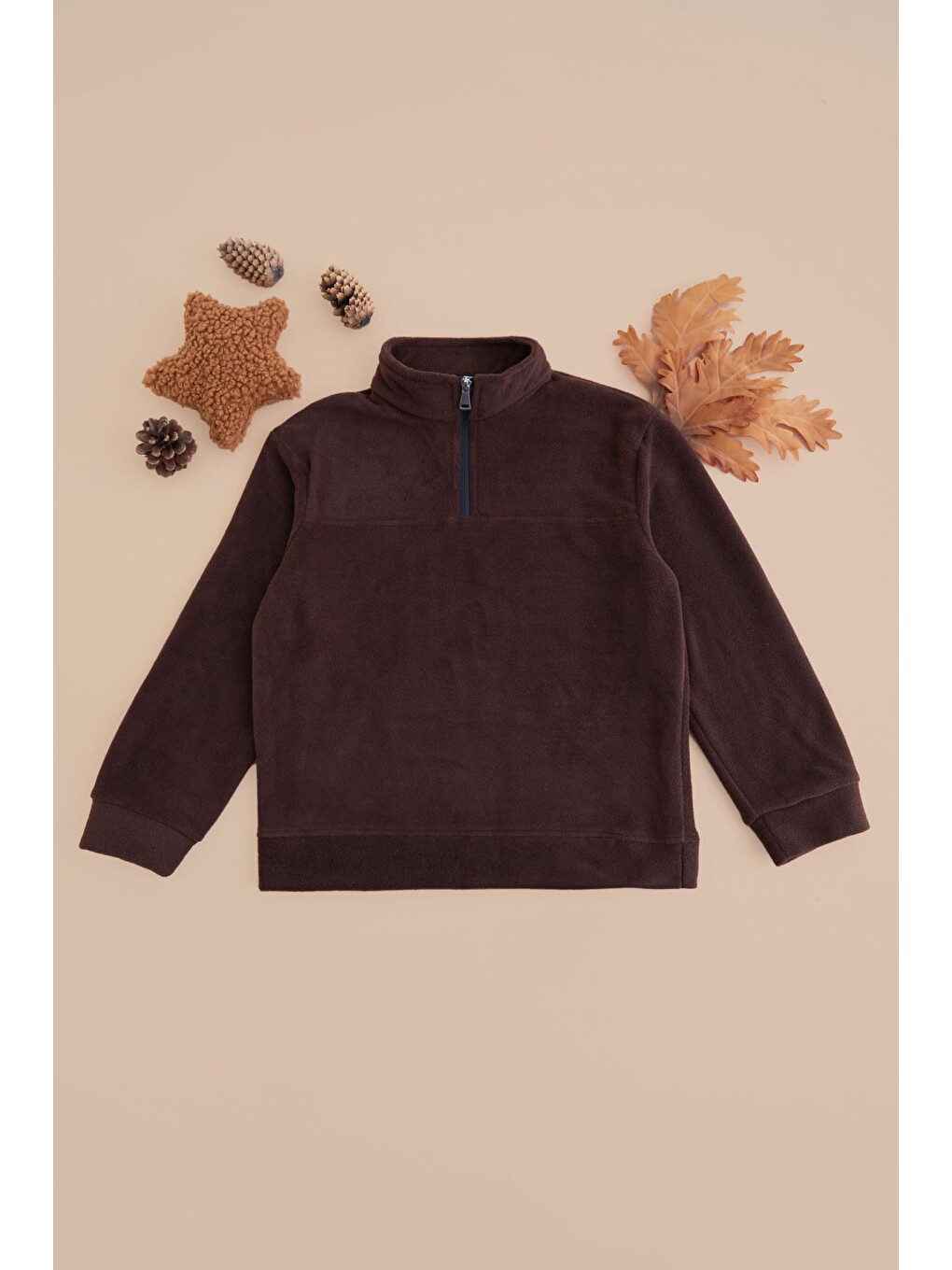 Kahverengi Yarım Fermuarlı Polar Erkek Çocuk Sweatshirt