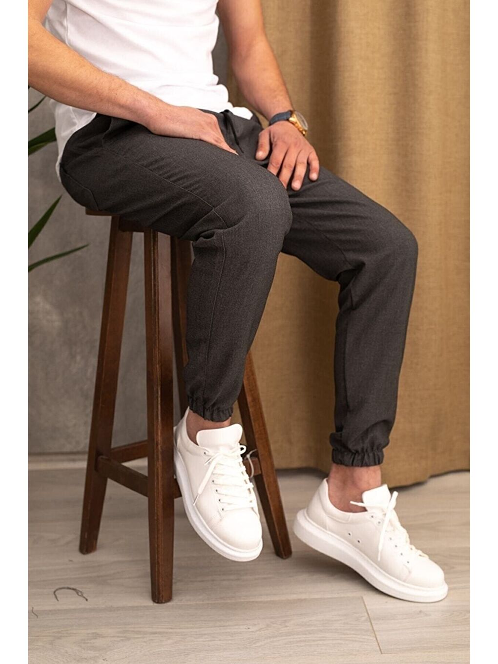 Gri Erkek Dar Kalıp Lastikli Paça Jogger Pantolon-1