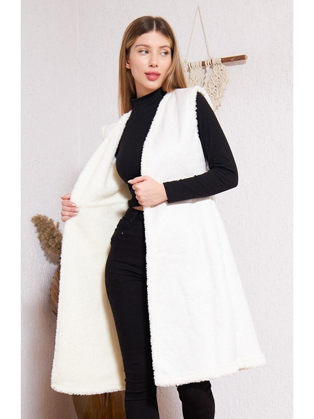 Beyaz Kadın Içi Suni Kürklü Suni Deri Yelek