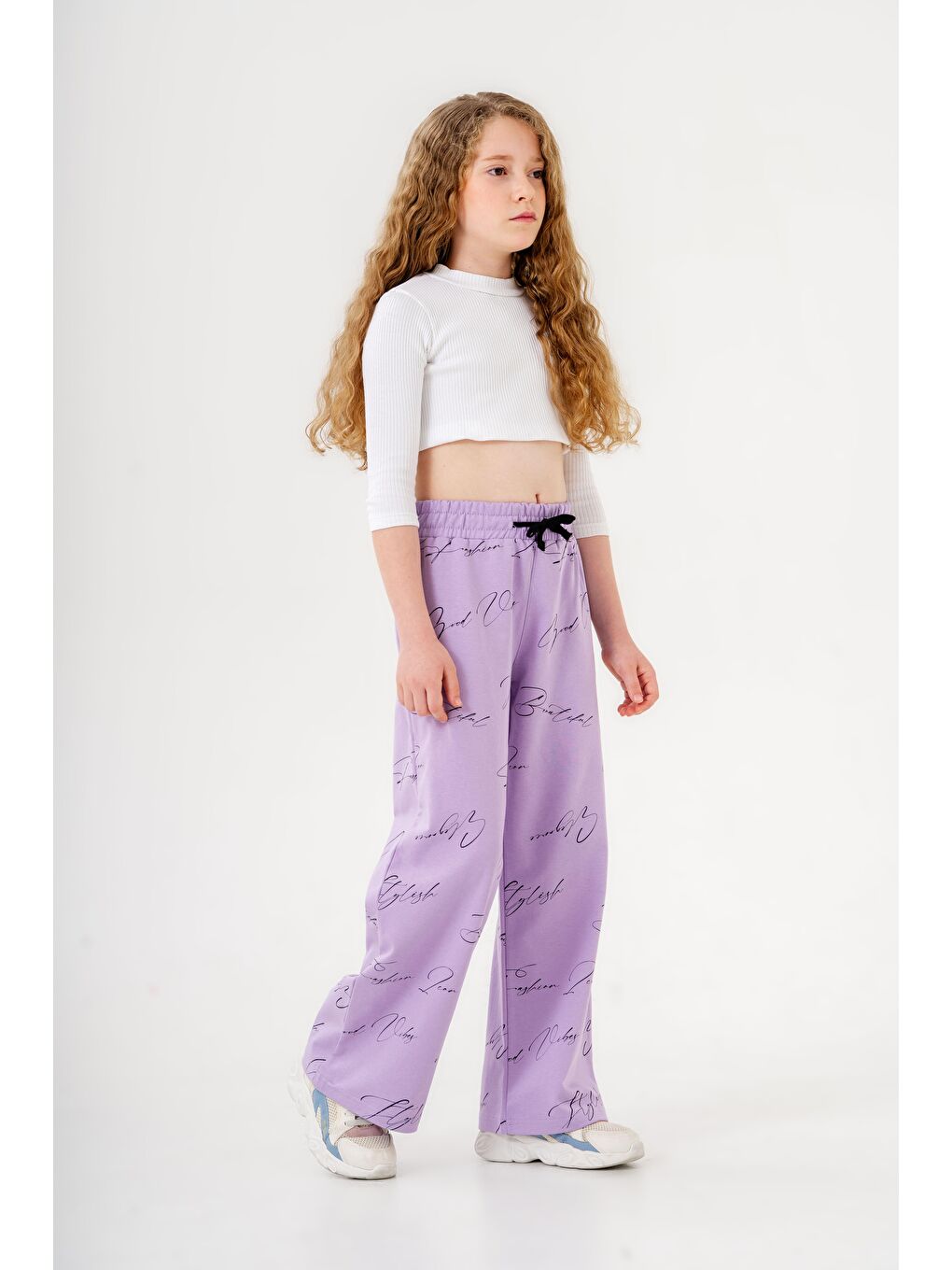 Lila Geniş Paçalı Tüm Alan Baskılı Kız Çocuk Eşofman Altı-3