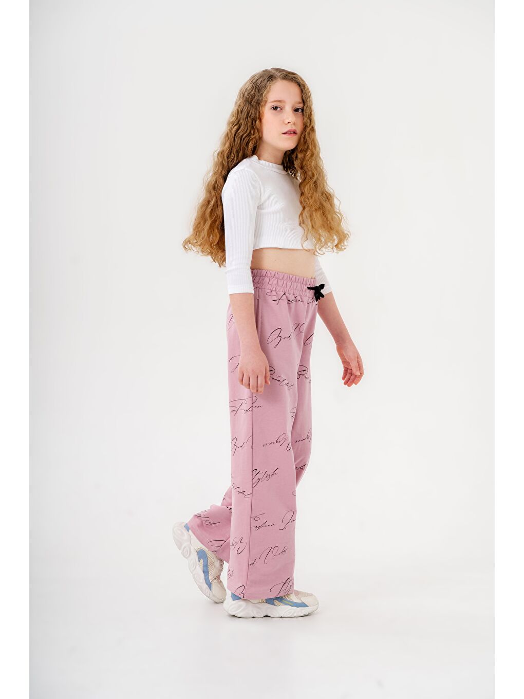 Pembe Geniş Paçalı Tüm Alan Baskılı Kız Çocuk Eşofman Altı-2