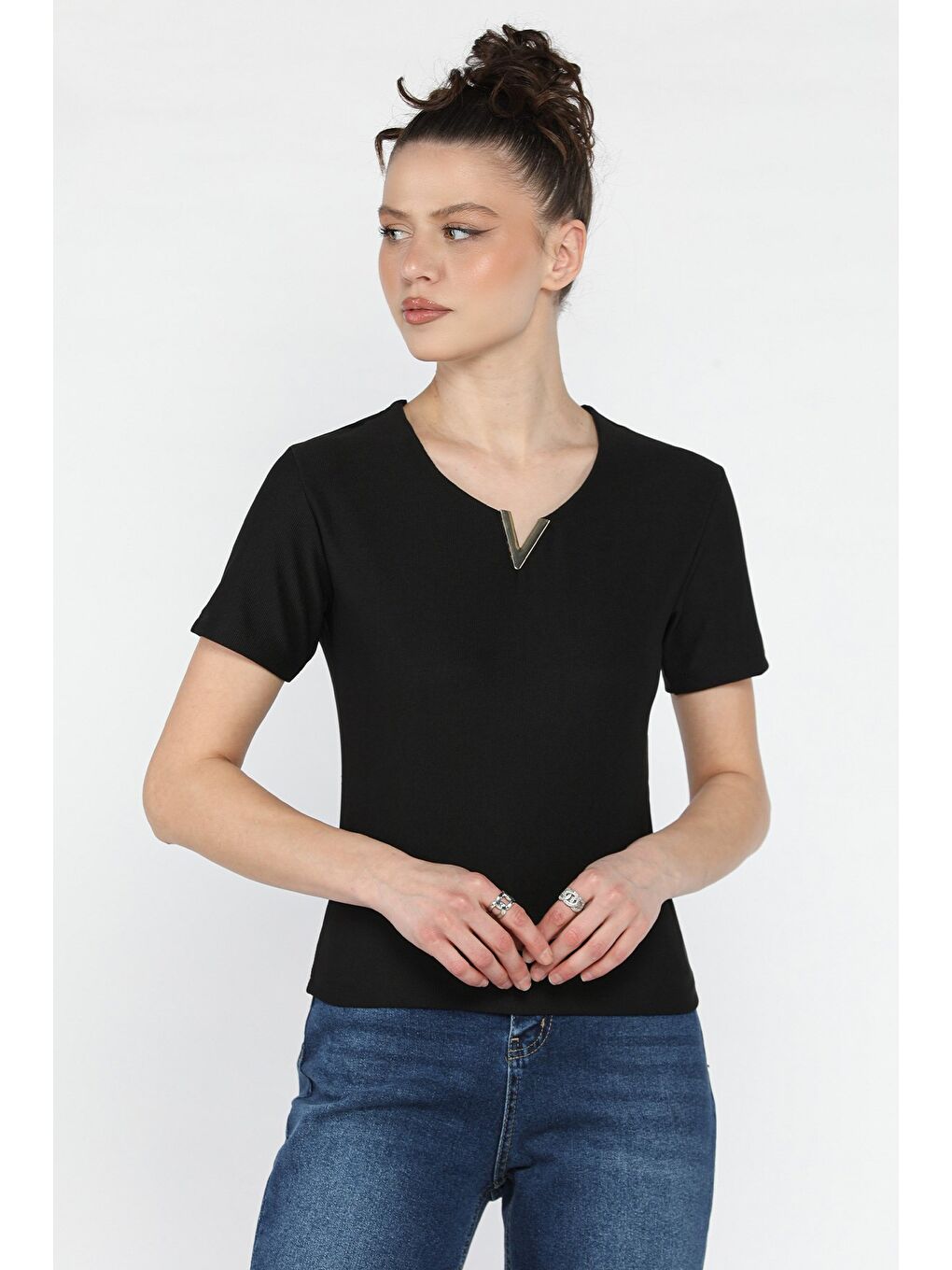 Siyah Kadın Gold Toka Detaylı Kendinden Çizgi Desenli Bluz-1