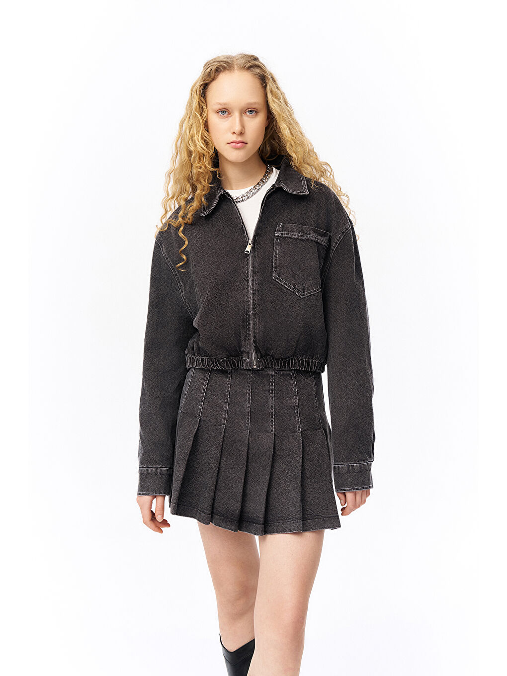 Büyük Cepli Fermuarlı Beli Lastikli Ceket Antrasit-4