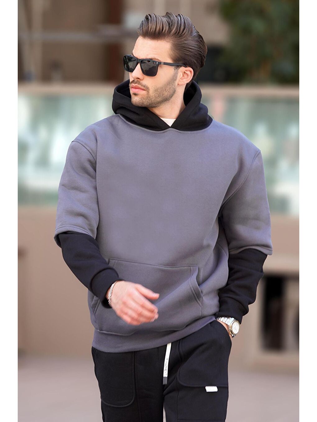 Madmext Füme Kapüşonlu Cep Detaylı Erkek Sweatshirt 7071