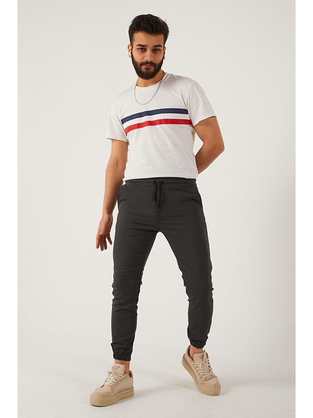 Gri Erkek Dar Kalıp Lastikli Paça Jogger Pantolon-5