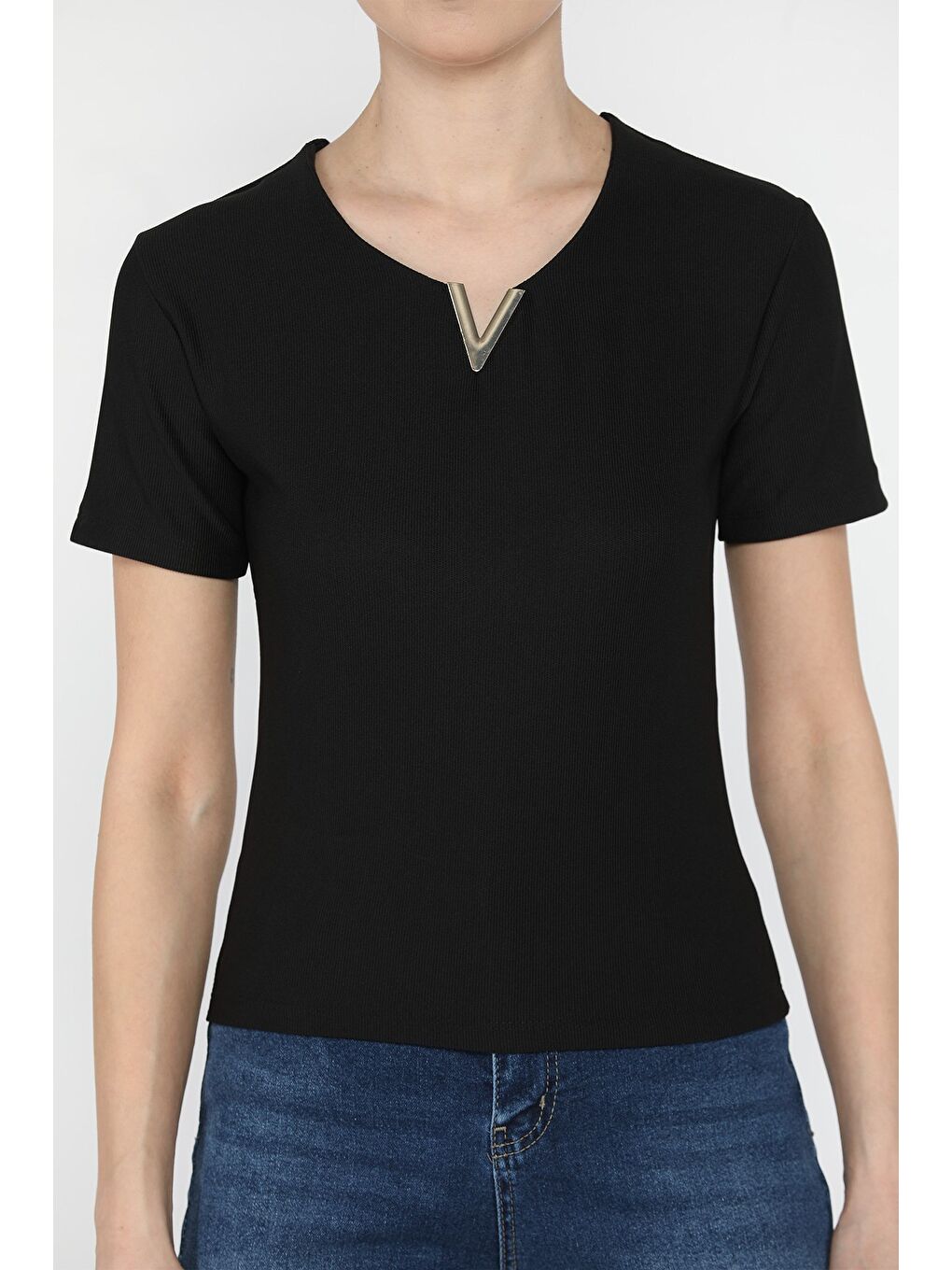 Siyah Kadın Gold Toka Detaylı Kendinden Çizgi Desenli Bluz-2