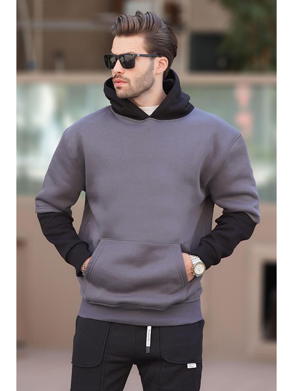 Madmext Füme Kapüşonlu Cep Detaylı Erkek Sweatshirt 7071 - 1