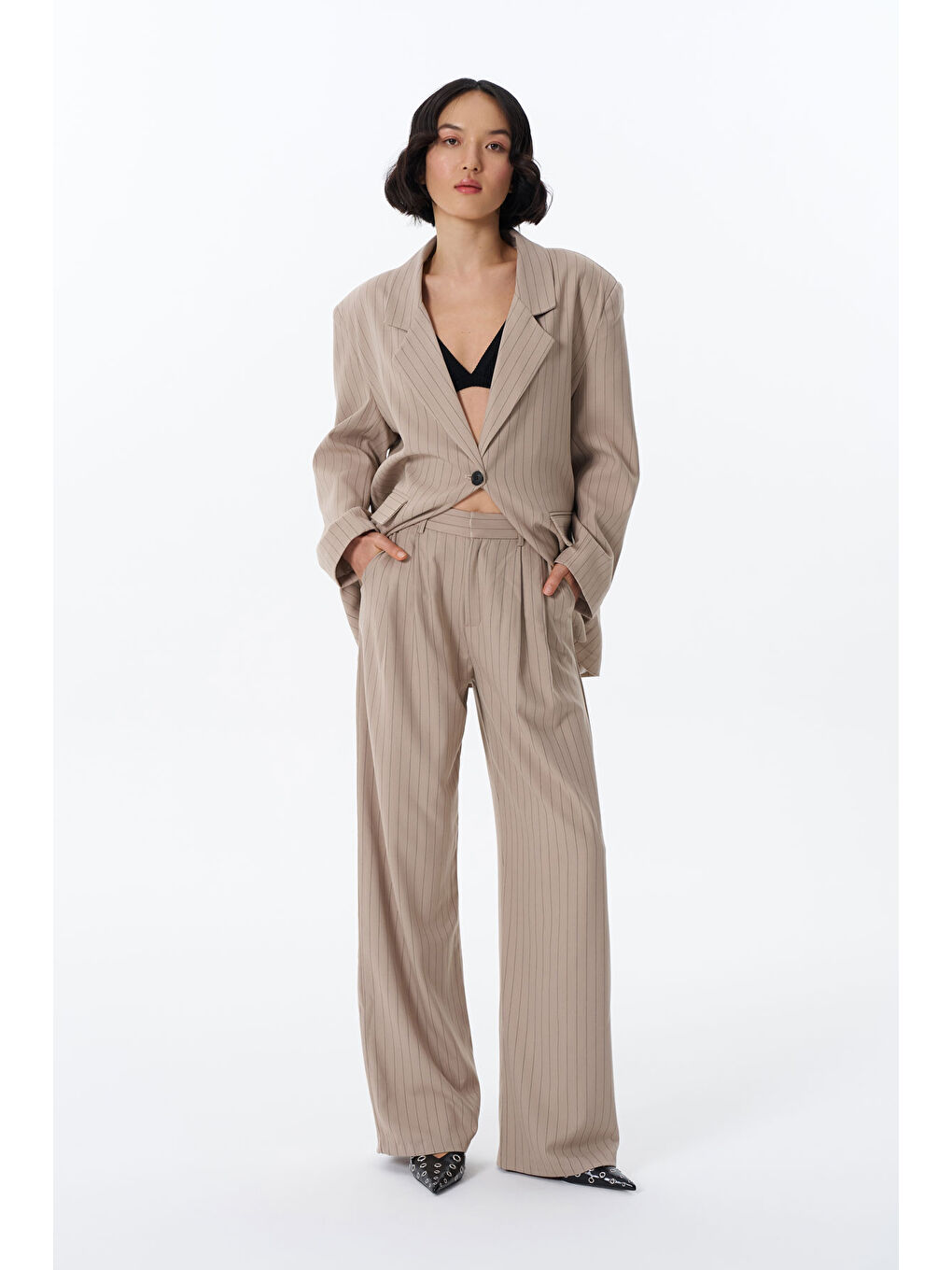 Çift Pileli Çizgili Palazzo Pantolon Bej