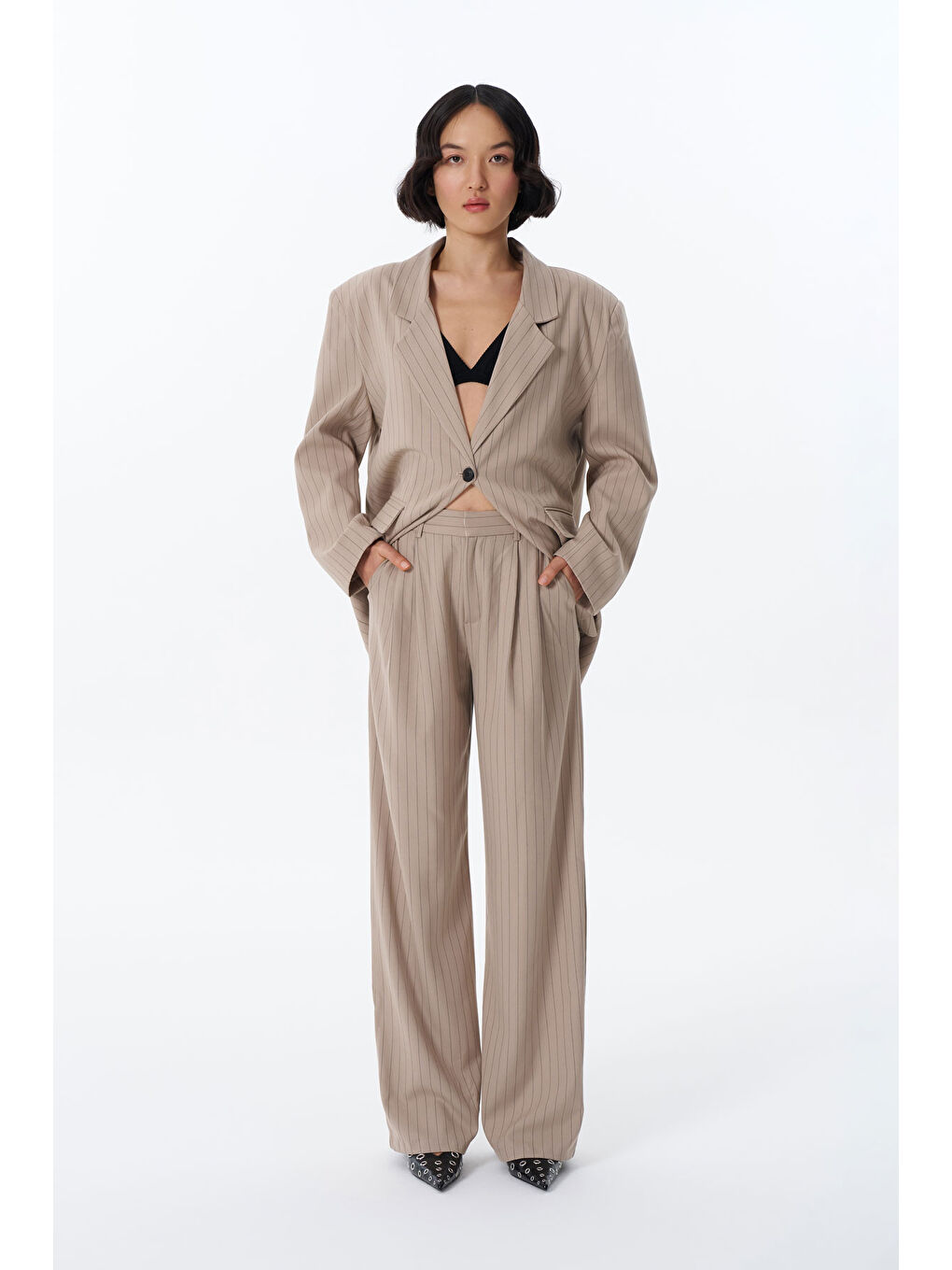 Çift Pileli Çizgili Palazzo Pantolon Bej-1