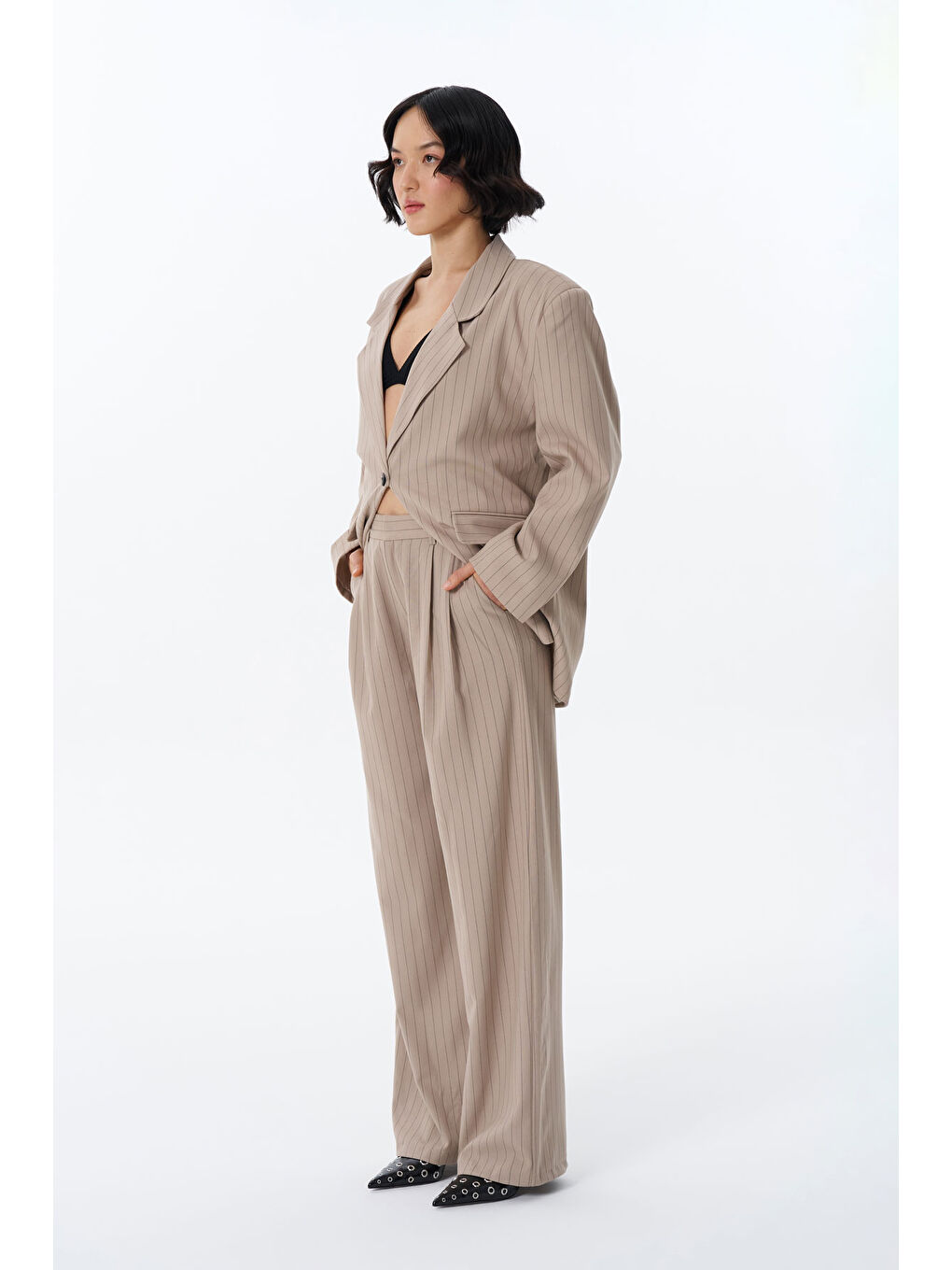 Çift Pileli Çizgili Palazzo Pantolon Bej-2