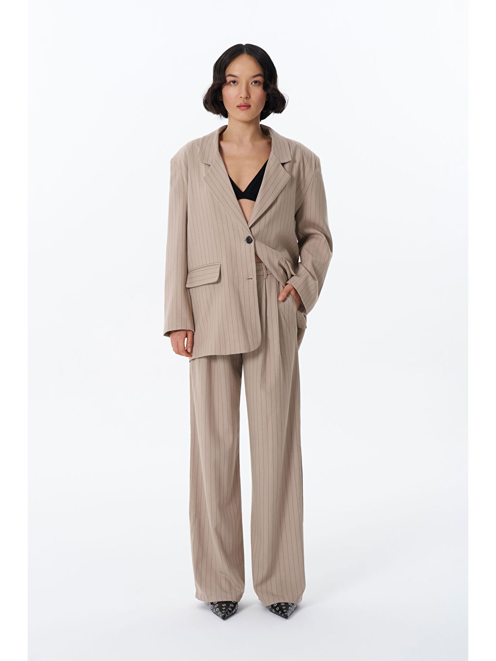 Çift Pileli Çizgili Palazzo Pantolon Bej-3