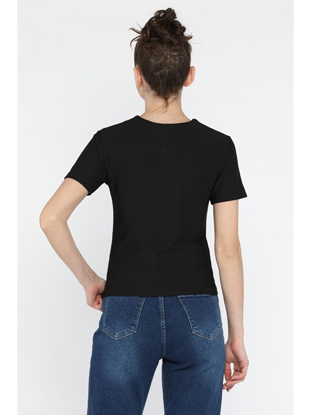 Siyah Kadın Gold Toka Detaylı Kendinden Çizgi Desenli Bluz-3