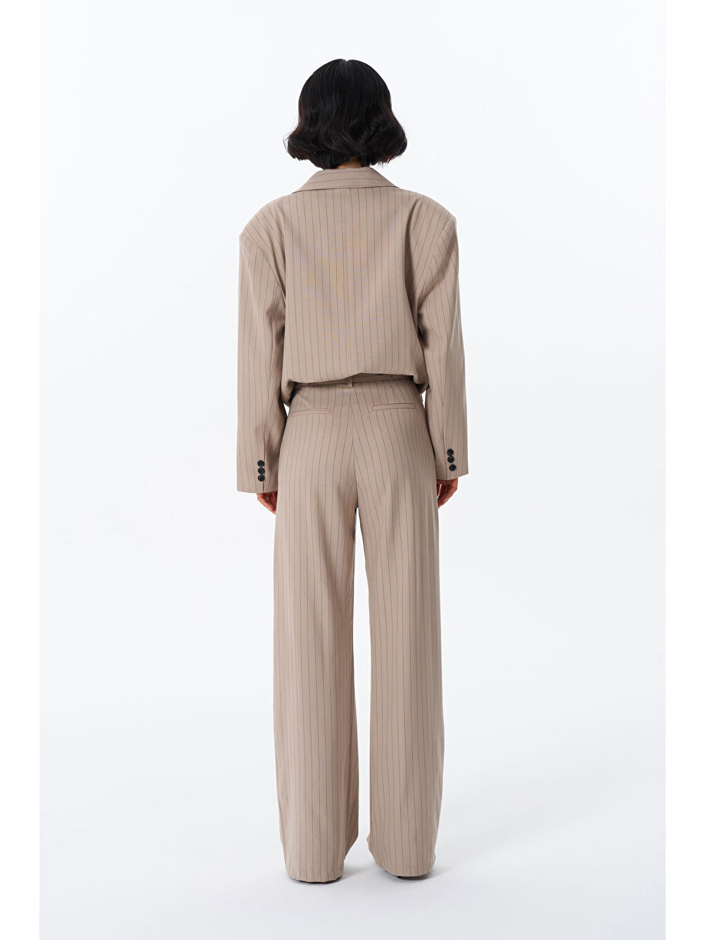 Çift Pileli Çizgili Palazzo Pantolon Bej-4
