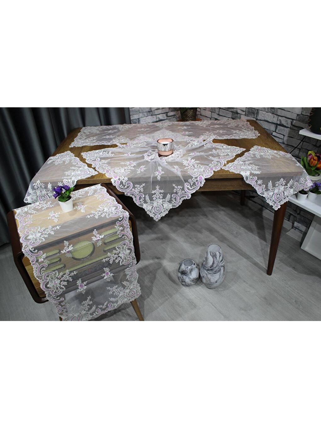 Karışık Akasya 5 Parça Salon Takımı Krem Lila-1