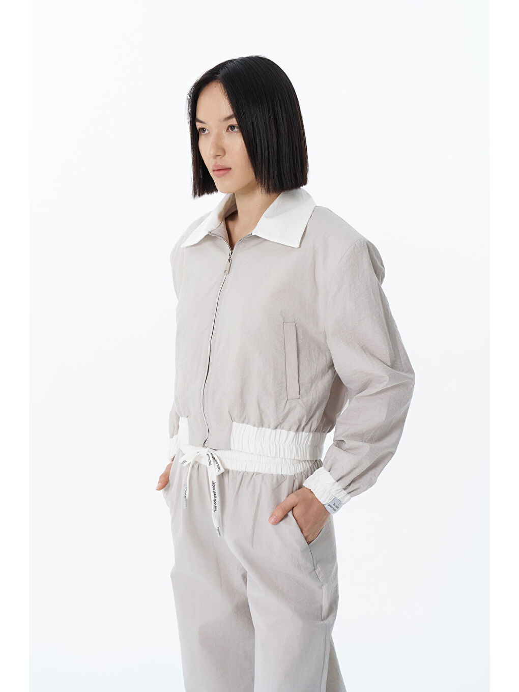 Renk Bloklu Beli Lastikli Bomber Ceket Gri-3