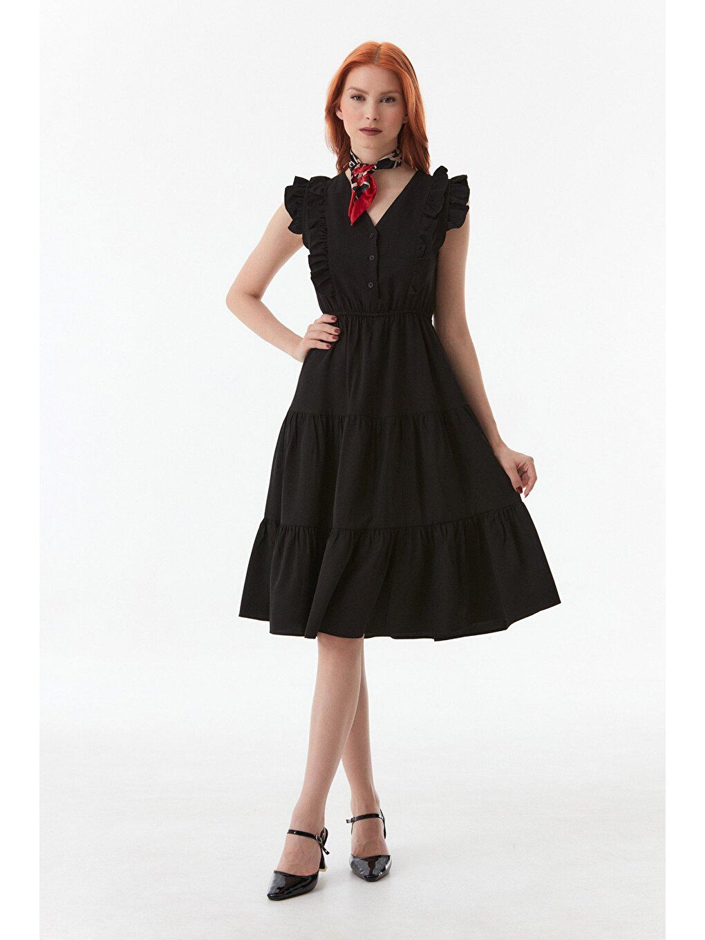 Siyah Fırfırlı Düğmeli V Yaka Elbise-2