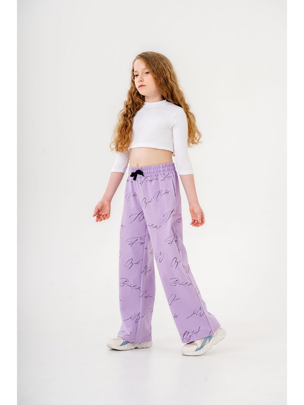 Lila Geniş Paçalı Tüm Alan Baskılı Kız Çocuk Eşofman Altı-5