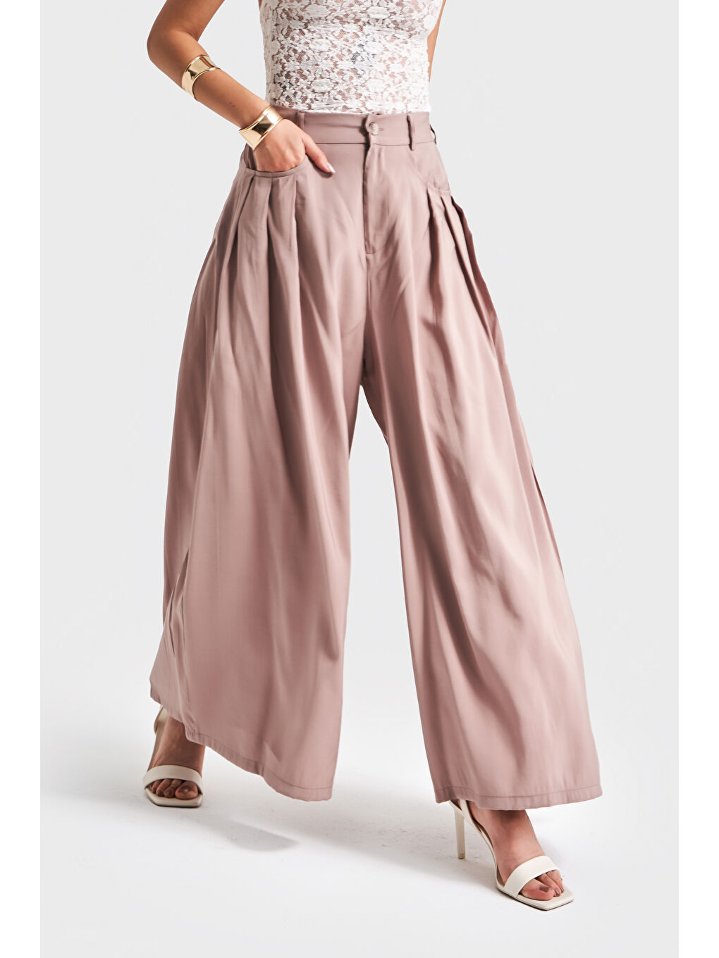 Kahverengi Kadın Süper Palazzo Fit Dökümlü Kumaş Tasarım Pantolon-1