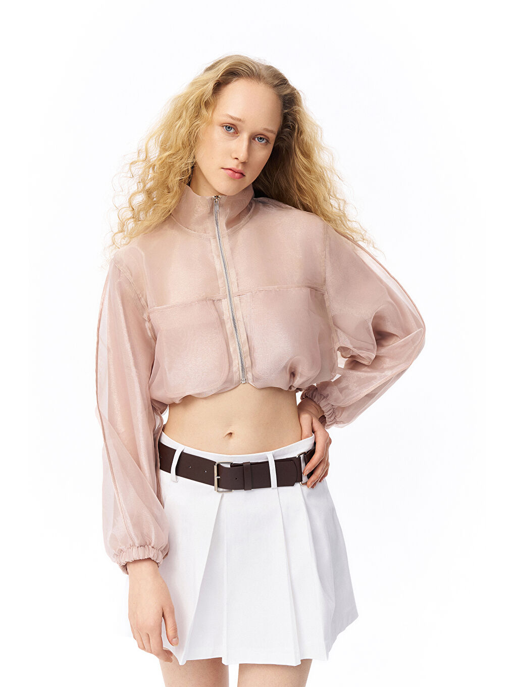 Organze Tül Detaylı Bomber Ceket Bej