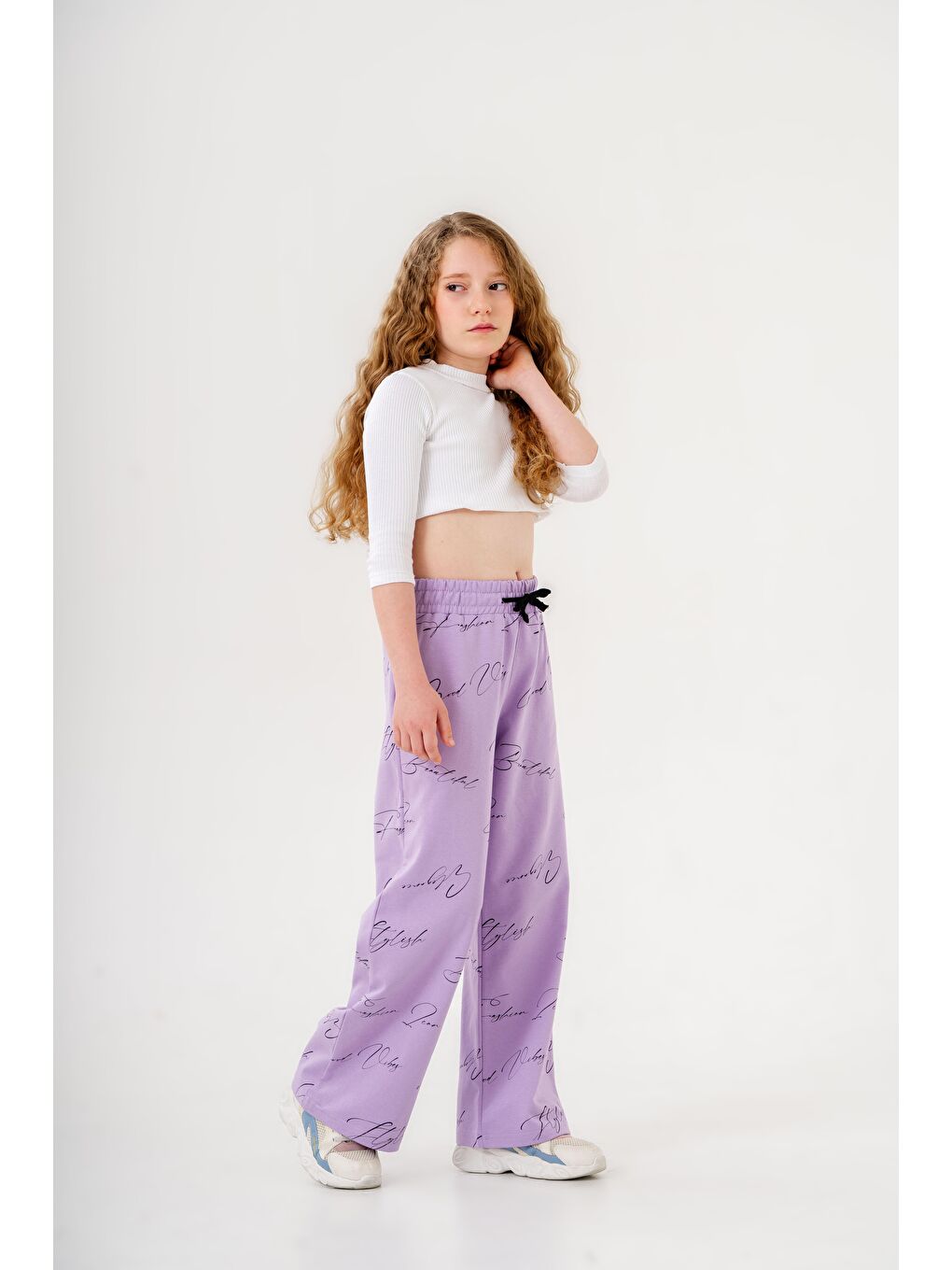 Lila Geniş Paçalı Tüm Alan Baskılı Kız Çocuk Eşofman Altı-6